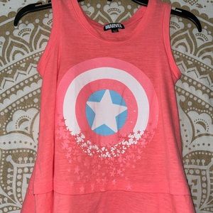 “MARVEL” GIRLS ORANGE FLOWY TANK TOP WITH CAPTAIN AMERICA SHIELD, SIZE SMALL 7/8